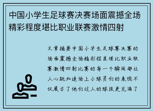中国小学生足球赛决赛场面震撼全场精彩程度堪比职业联赛激情四射