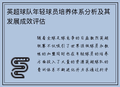 英超球队年轻球员培养体系分析及其发展成效评估