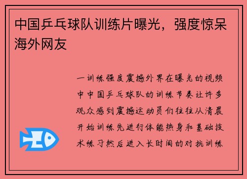 中国乒乓球队训练片曝光，强度惊呆海外网友