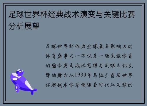 足球世界杯经典战术演变与关键比赛分析展望